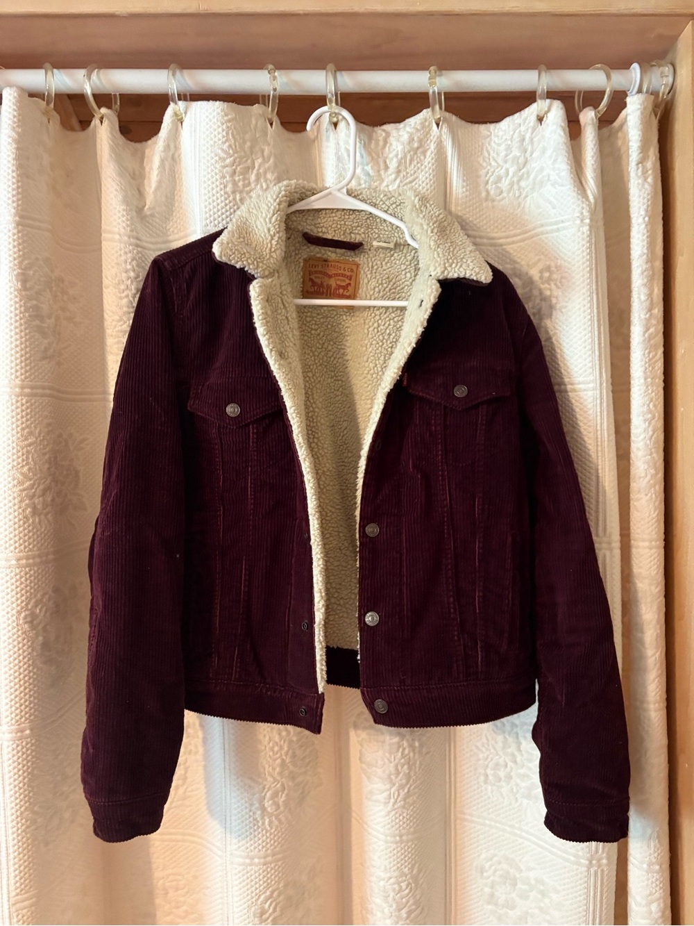 Levi's Women's Corduroy Sherpa Jacket in Burgundy and Cream
